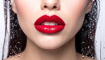 Close-up woman's lips, red lipstick, water droplets