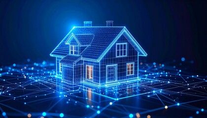 A glowing blue digital house with intricate lines and connections, highlighting smart home technology concepts against a dark background
