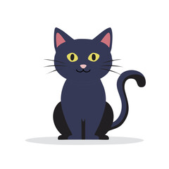 Fototapeta premium Cute cartoon black cat sitting with bright yellow eyes and pink ears