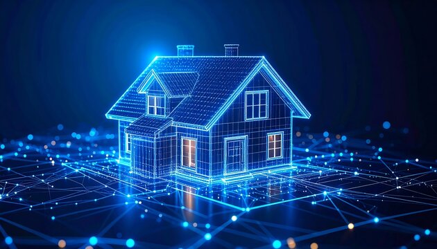 A glowing blue digital house with intricate lines and connections, highlighting smart home technology concepts against a dark background