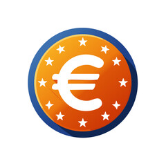 Obraz premium Stylized Euro currency symbol with stars on a glossy orange and blue circular badge