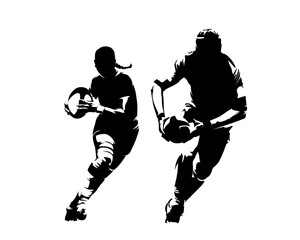 Rugby, group of rugby players, man and woman with ball, front view. Isolated vector silhouette, clipart. Team sports