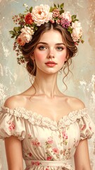 Woman in floral crown and dress, soft pastel colors