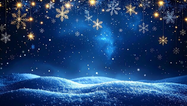 A wintry scene with snow-covered hills under a starry, snowflake-filled sky, and hanging golden lights