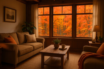 Fototapeta premium Autumn interior. Cozy autumn atmosphere in a warm room, soft interior, yellow light from a lamp/fireplace.