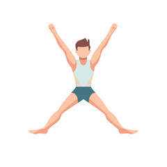 Male figure doing jumping jacks exercise with arms raised and legs spread outwards