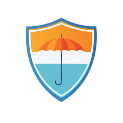 Umbrella and shield logo symbolizing protection and safety in blue orange and white design