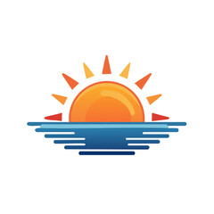 Stylized sun rising over abstract blue ocean waves in warm orange and yellow tones