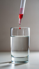 A glass pipette hovers above the glass, with a single drop of red liquid suspended at the tip of the pipette