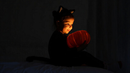a child wearing a black cat costume, sitting in a dark room and holding a glowing pumpkin