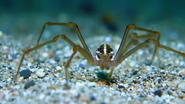Close-up view of a slender, long-legged sea spider with a distinctive pattern on its body.