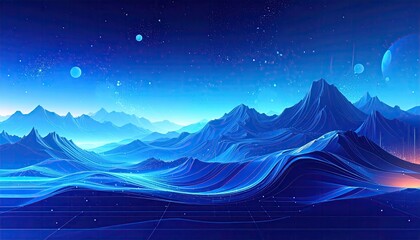Cosmic blue mountain range at night.  Vibrant digital landscape,  glowing peaks and valleys in a deep blue hue.  Stars and distant planets are visible