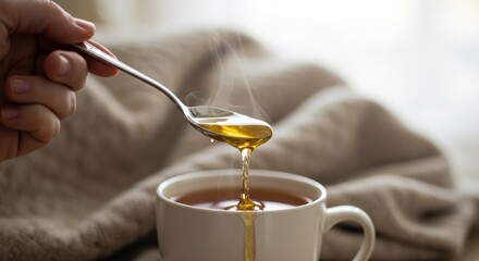 Hand holding silver spoon with honey above cup of tea  