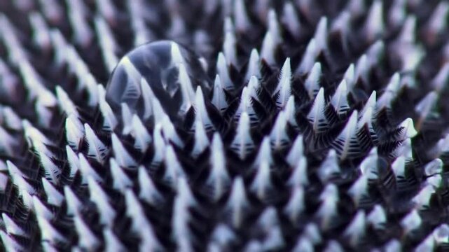 Close-up of a plant with sharp, spiky structures and a water droplet on top.