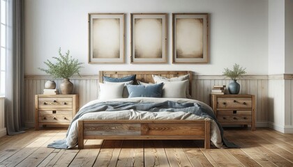 Cozy rustic bedroom with wooden furniture, comfortable bed, and decorative elements, bathed in natural light