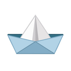 Blue paper boat origami illustration, simple nautical design, isolated on white.
