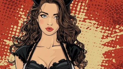 A seductive cartoon-style woman with devil horns, bold red lips, and voluminous hair, pop art background