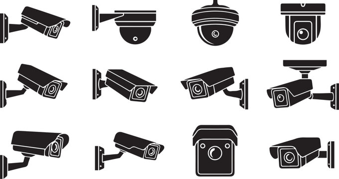 Security camera icon set &ndash; black silhouette illustrations of surveillance devices for safety design, monitoring systems, and tech branding.
