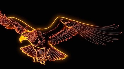 An eagle with fiery orange outlines soars against a stark black background, creating a striking and powerful neonstyle digital illustration - Powered by Adobe