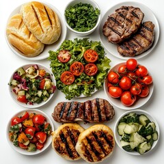 Assorted grilled dishes with fresh vegetables and bread, including steaks, salads, cherry tomatoes, cucumber, and toasted bread on a white background