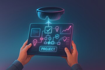 Hands holding digital tablet with futuristic project management interface, neon blue and pink holographic graphics, glowing charts and flow diagrams, technology concept visualization.