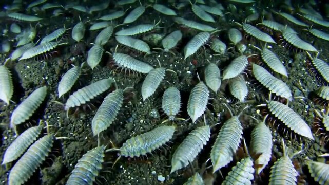 A group of Bathynomus giganteus, giant isopods, on the ocean floor.