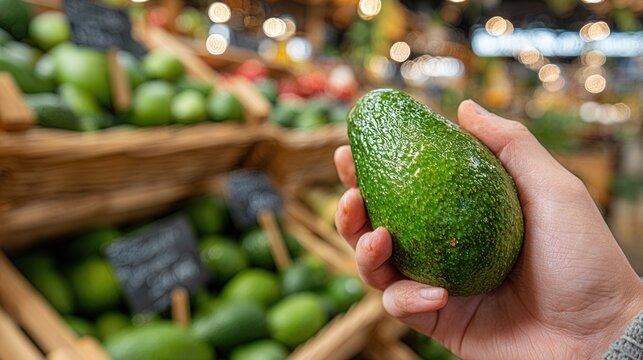 Person holding avocado in outdoor market - Powered by Adobe