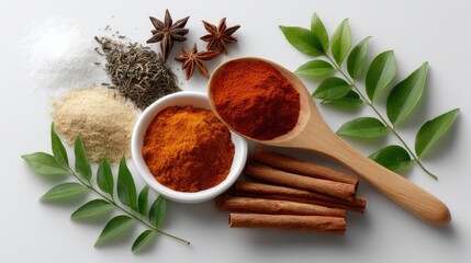 An assortment of aromatic spices including cinnamon sticks, star anise, and ground spice displayed elegantly on a clean surface