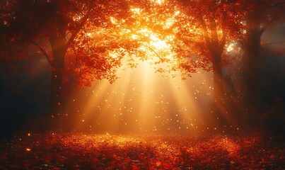 Fototapeta premium Golden Autumn Forest with Sunlight Streaming Through Falling Leaves creating Magical Ambiance