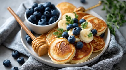 Delicious fluffy pancakes topped with fresh blueberries, banana slices, and a rich syrup, served on a gray napkin