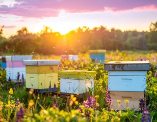Colorful beehives in a vibrant meadow at sunset