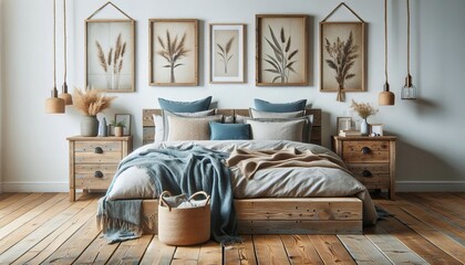 Bohemian bedroom with rustic wooden furniture, dried floral art, and cozy textiles, creating a serene atmosphere