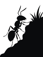 Silhouette of an ant climbing a textured surface with grass