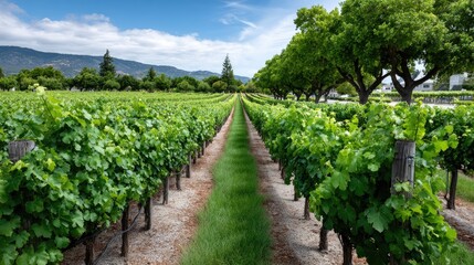Naklejka premium Rows of green grapevines stretch across a peaceful landscape, framed by distant mountains and a bright sky, ideal for relaxation