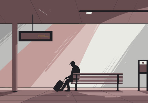 Man waiting at the train station: loneliness in space, background of dusty pink and light grey abstract lines like brush strokes, vector illustration with clear space for text.