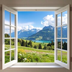 Open window reveals alpine vista. Lush green hills, wildflowers, a tranquil lake, and majestic mountains are visible through a white window frame © Andik