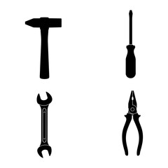 Illustration of a hammer, screwdriver, wrench, and pliers tools arranged on a white background space