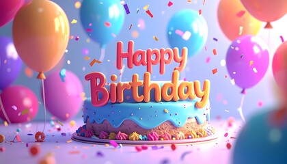 Colorful birthday cake with balloons and confetti