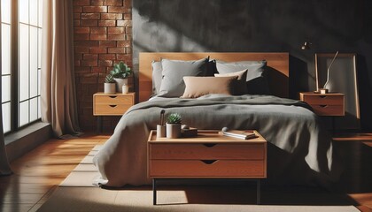 Cozy bedroom with a wooden bed, plush bedding, and brick wall, illuminated by natural light