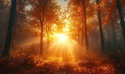Radiant Forest Pathway in Autumn with Golden Sunbeams Streaming Through Trees