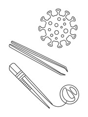 Hand drawn illustration of coronavirus and medical tools