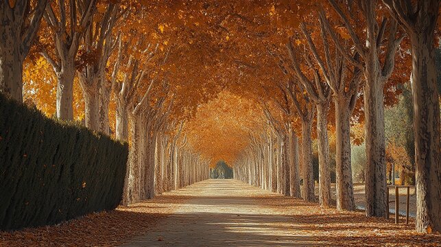 A perfectly symmetrical avenue of tall autumn trees with vibrant orange and golden-yellow foliage forming an archway overhead. 