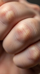 Close-up view of human knuckles with visible lines and slight redness, suggesting texture and skin detail.