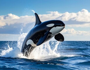 Close-up angled perspective of orca breaching with powerful upward motion, spray of.jpg