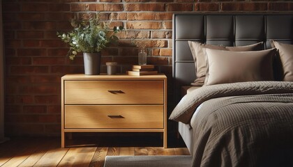 Rustic wooden bedside table with drawers next to a bed with plush bedding and a brick wall background
