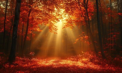 A serene autumn forest bathed in golden light, creating a peaceful scene