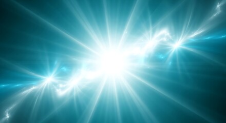 Abstract bright cyan light explosion with glowing energy streaks and flares