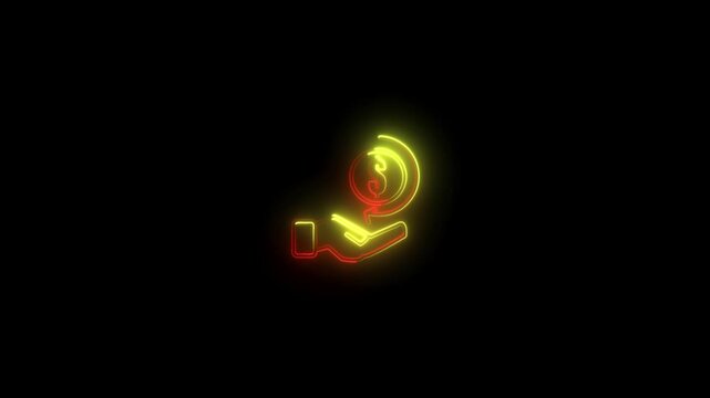 

Glowing neon hand holding dollar coin animation icon on , abstract finance and money investment concept symbol in futuristic neon style . black background, 4k video .