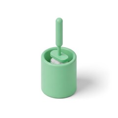 A minimalist 3D rendering depicts a light green toilet brush neatly stored within its matching cylindrical holder on a white background