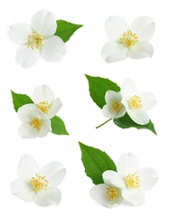 Obraz premium Close-up collection of jasmine flowers and leaves. Six images show various angles of blossoms, petals, and greenery against a plain white background